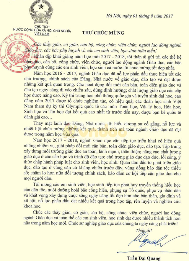 Thư chúc mừng năm học mới 2017 - 2018