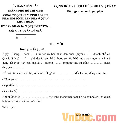 Mẫu thư mời của Ủy ban nhân dân về việc hoàn tất việc bán nhà