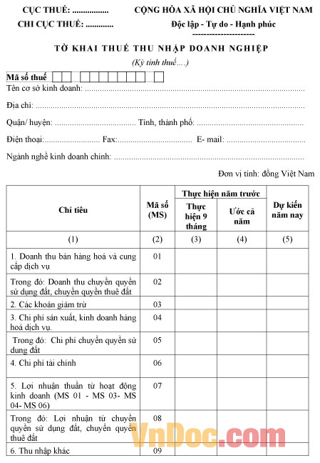 Mẫu tờ kê khai thuế thu nhập doanh nghiệp