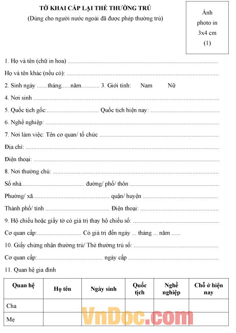 Mẫu tờ khai cấp lại thẻ thường trú
