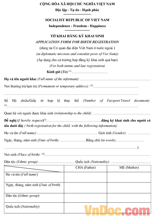 Mẫu tờ khai đăng ký khai sinh tại cơ quan đại diện Việt Nam ở nước ngoài