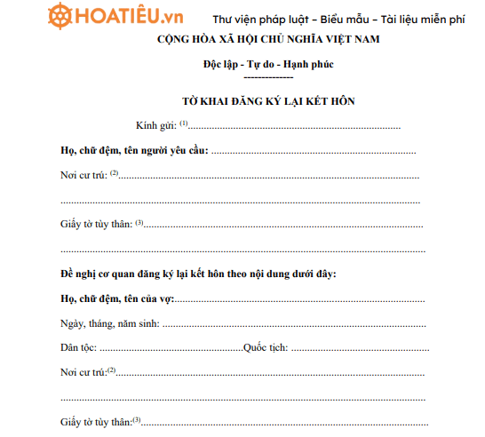 Tờ khai đăng ký lại kết hôn