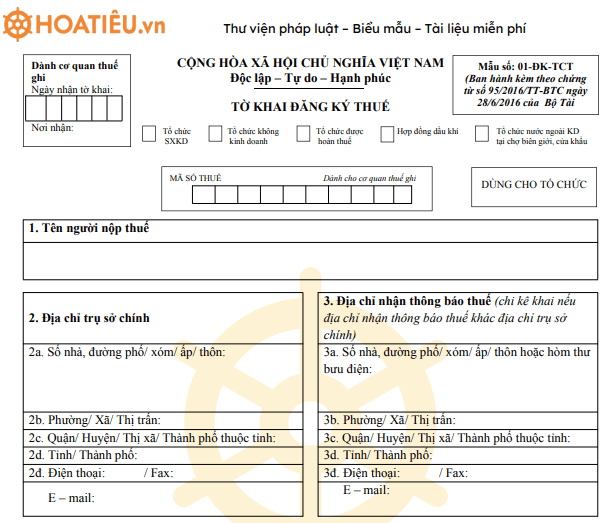 Mẫu số 01-ĐK-TCT: Tờ khai đăng ký thuế cho tổ chức