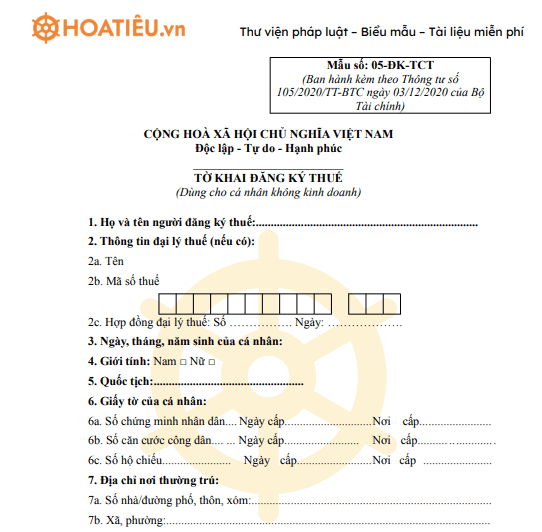 Mẫu 05-ĐK-TCT: Tờ khai đăng ký thuế (Dùng cho cá nhân không kinh doanh)
