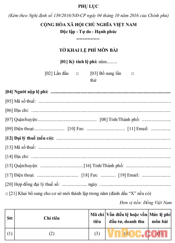 Tờ khai lệ phí môn bài theo Nghị định 139/2016/NĐ-CP