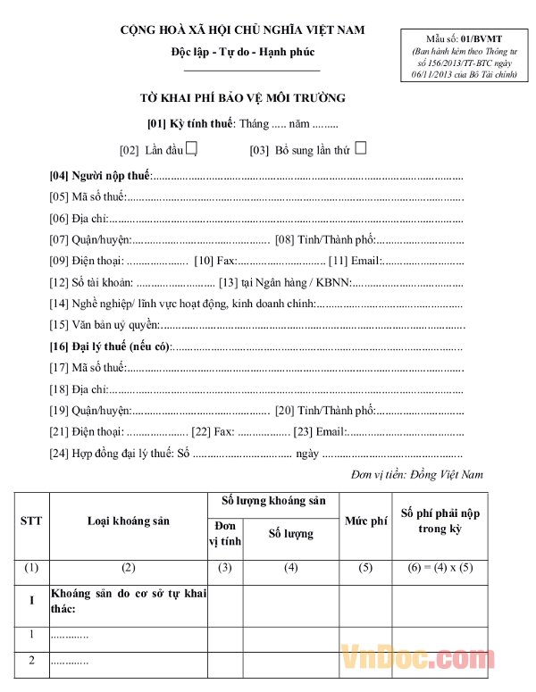 Mẫu số 01/BVMT: Tờ khai phí bảo vệ môi trường