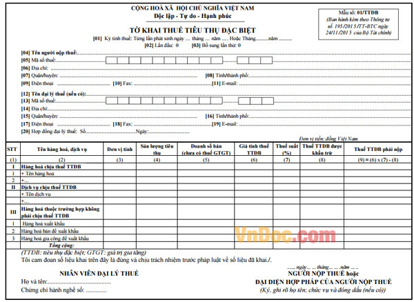 Mẫu 01/TTĐB - Tờ khai thuế tiêu thụ đặc biệt
