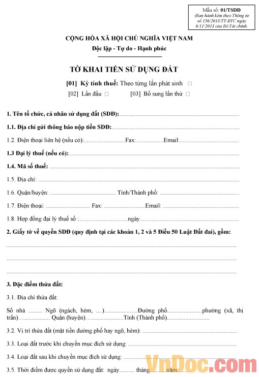 Tờ khai tiền sử dụng đất - Mẫu số 01/TSDĐ