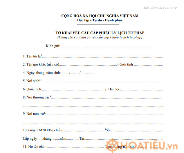 Tờ khai yêu cầu cấp Phiếu lý lịch tư pháp - Mẫu số 03/2013/TT-LLTP