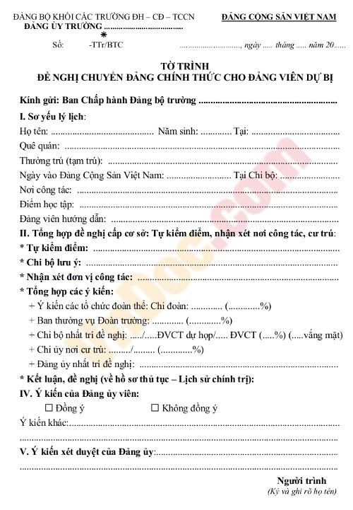 Tờ trình đề nghị chuyển đảng chính thức cho đảng viên dự bị
