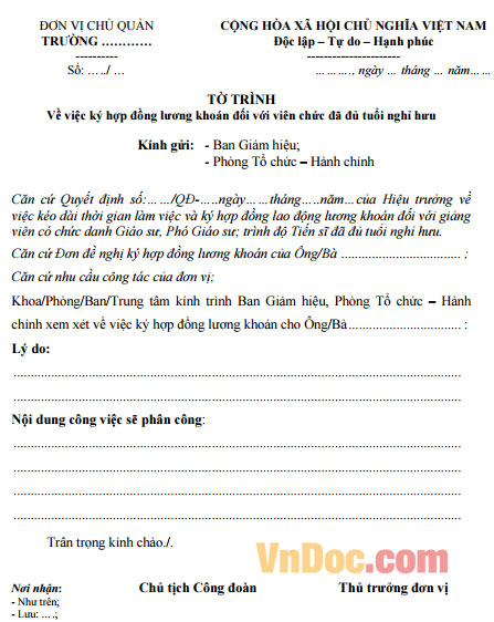 Mẫu Tờ trình ký hợp đồng lương khoán đối với viên chức đã đủ tuổi nghỉ hưu