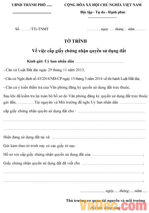 Tờ trình về việc cấp giấy chứng nhận quyền sử dụng đất