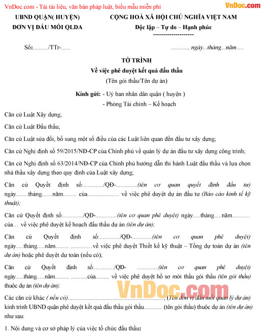 Mẫu tờ trình về việc phê duyệt kết quả đấu thầu