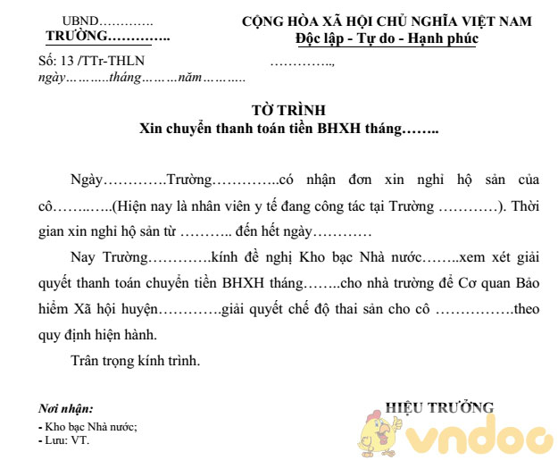 Tờ trình xin chuyển thanh toán tiền BHXH