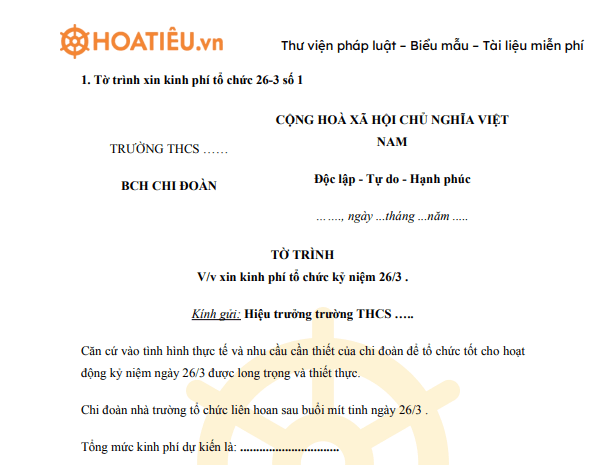 Tờ trình xin kinh phí tổ chức 26-3