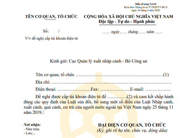 Văn bản đề nghị cấp tài khoản điện tử