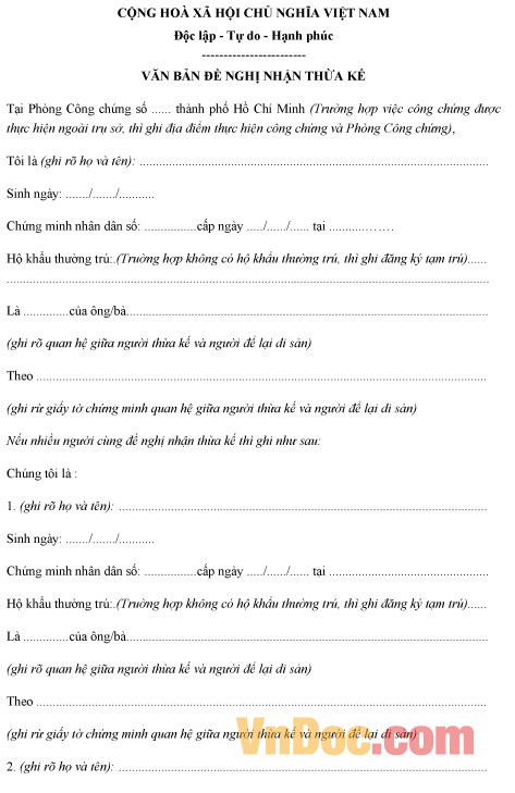 Mẫu văn bản đề nghị nhận thừa kế