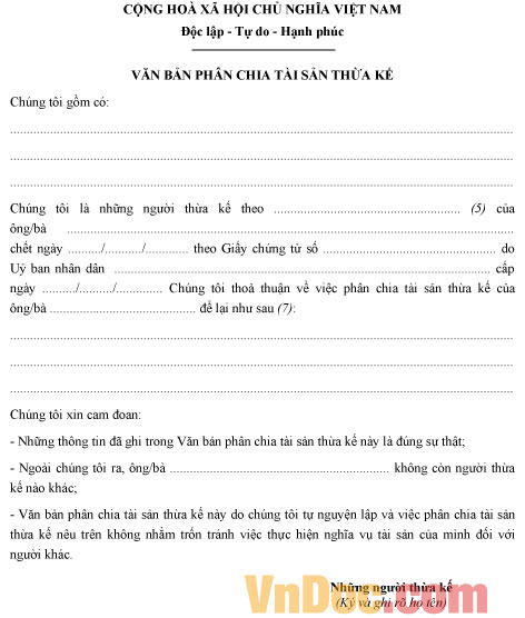 Mẫu văn bản phân chia tài sản thừa kế