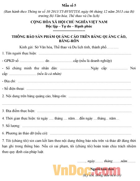 Văn bản thông báo sản phẩm quảng cáo trên bảng quảng cáo, băng rôn